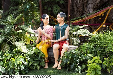 Ancient Sculpture Figure Or Antique Carving Statue In Khum Khun Phaen Garden Park In Wat Khae Temple