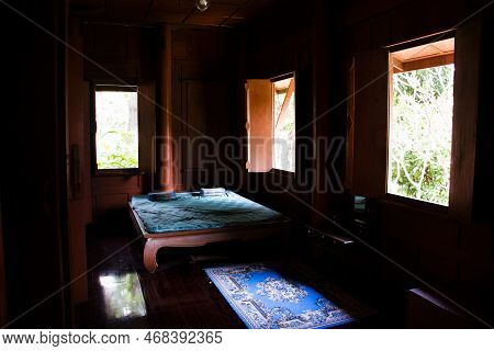 Interior Decor Of Bearoom Of Ancient Wooden House Or Antique Wood Home In Khum Khun Phaen Park In Wa