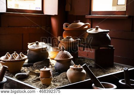 Interior Kitchen Room Of Ancient Wooden House Or Antique Wood Home In Khum Khun Phaen Garden Park In