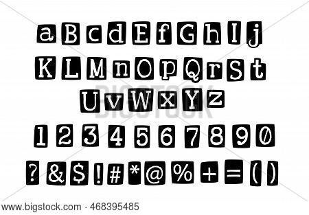 Retro Criminal Anonymous Maniac Alphabet Letters Black And White Color. Blackmail Notes Cut Out From