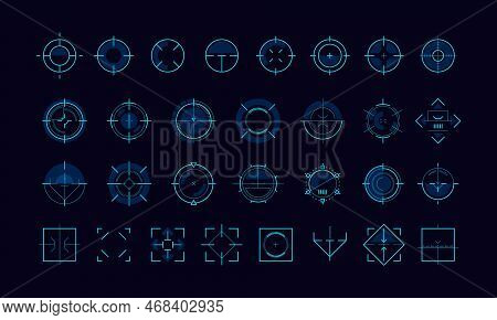 Aim Pointer Ui. Hud Futuristic Target Radar Frame, Military Weapon Sniper Cursor, Virtual Hologram E