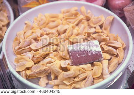 Traditional Bergamo Casoncelli Alla Bergamasca In The Local Market, Close Up.