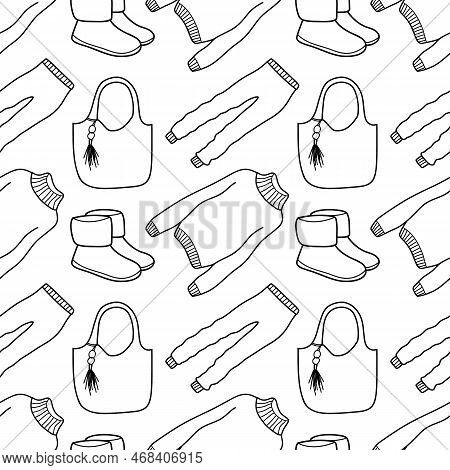 Vector Contur Seamless Pattern Of Winter Clothes