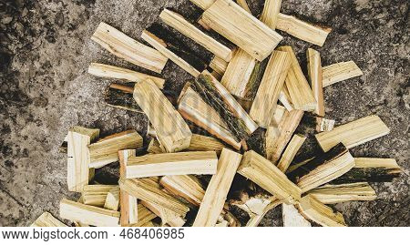Chopped Firewood. Firewood For Heating The House. Acacia Wood Is A Preparation Of Material For Heati