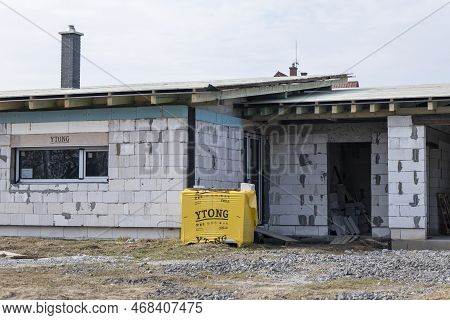 Senov, Czech Republic - March, 3, 2022: Construction Of New House With Ytong Bricks. Developer And R