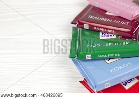 Kharkiv, Ukraine - December 8, 2020: Ritter Sport Chocolate Product. Ritter Sport Company Was Founde