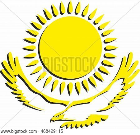 Vector State Yellow Coat Of Arms Of The Republic Of Kazakhstan. Black National Sign Kazakh. Pride An