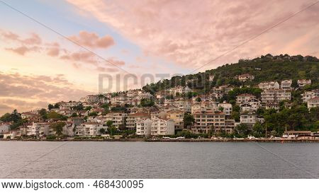 View Of The Mountains Of Kinaliada Island From Marmara Sea, With Traditional Summer Houses And Boats