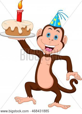 Cartoon Monkey  With A Tart Cake And Wearing A Party Hat