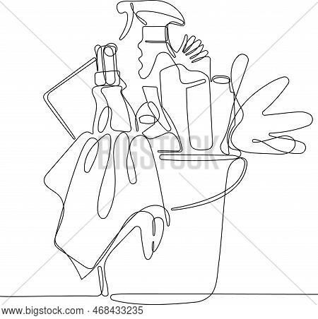 Continuous One Line Drawing Of Bottles For Liquid Laundry Detergent, Bleach, Fabric Softener, Dishwa