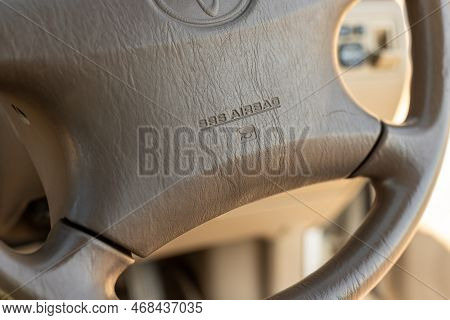 Srs Airbag In A Steering Wheel Of A Car Closeup