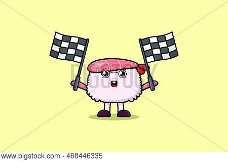 Cute Sushi Shrimp Cartoon Character Hold Race Flag
