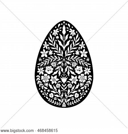 Easter Floral Egg Icon. Abstract Flowers In Egg Silhouette. Vector Linocut Object Isolated On White 