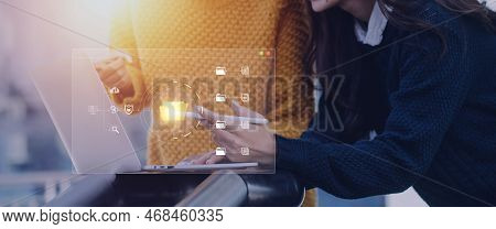 Document Management System Concept, Businessman Signs Electronic Documents On Digital Documents, Sea
