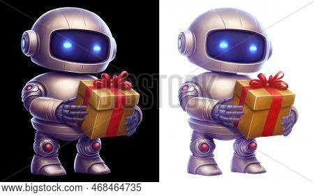Robot Character Holding Gift Box Isolated On White And Black Background. 3d Digital Illustration