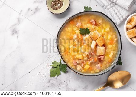 Lentil Pea Soup Garnish With Ham And Pork Ribs
