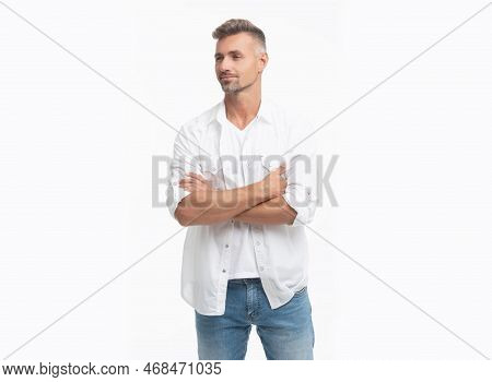 Caucasian Grizzled Man In White Shirt. Grizzled Man Style. Studio Shot Of Grizzled Man.