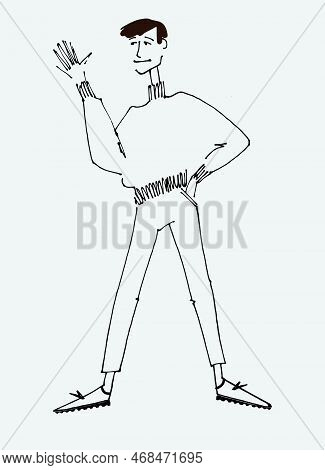 Figure Of A Young Man Waving. Flat Style, Isolated Vector Element