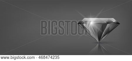 Vector Horizontal Banner With 3d Realistic Black Transparent Triangular Glowing Gemstone, Diamond, C