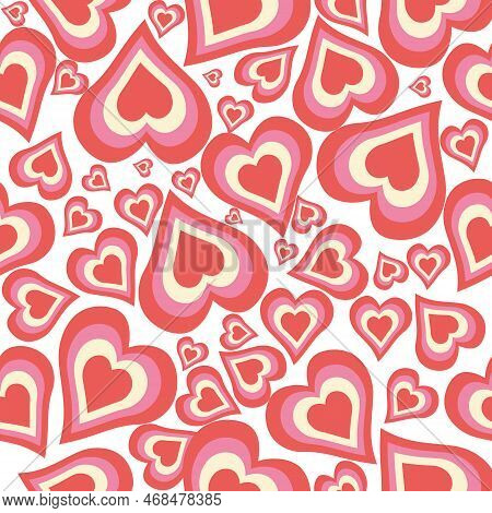 Groovy Hearts Seamless Pattern. Psychedelic Distorted Hearts In 70s, 80s. Design For Pint,textile, W
