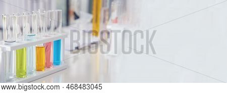 Banner Science Chemistry Glass Tubes Object On Lab Background. Wide Liquid Tube Biology Laboratory C