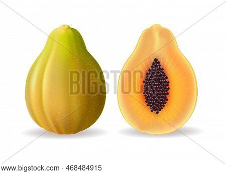 Realistic Papaya. Juice Sweet Papayas Half Products Isolated Vector Images, Yellow Juicy Raw 3d Papa