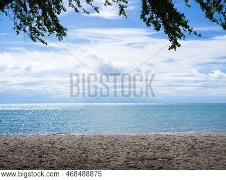 Bay Ocean On Sand Beach With Tree On Blue Sky Background,beauty Blue Sea At Coast With Cloud Sky Day