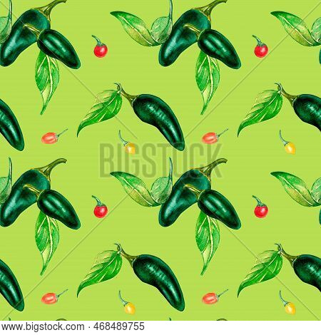 Jalapeno And Little Peppers. Watercolor Seamless Pattern Isolated On Green.