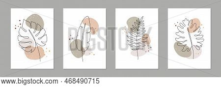 One Line Art Tropical Floral Leaf Poster Set. Single Continuous Line Monstera, Fern, Palm Leaf Minim