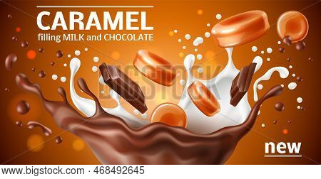 Realistic Caramel Poster. 3d Round Candies And Cubes, Sweet Chocolate And Milk Splashes, Sweet Toffe