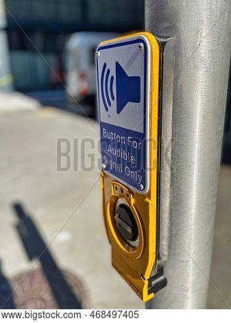 Toronto, Canada - 24 October 2022: A Street Downtown With A Special Button With Audible Assistance S