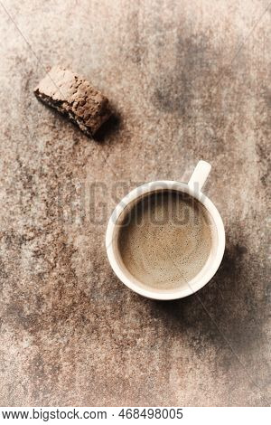 Cup Of Coffee With Cantuccini (italian Biscuit) On Rustic Stone Background. Top View. Copy Space.