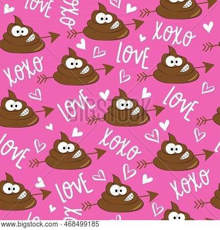 Seamless Pattern For Valentine's Day - Cute Heart And Poo Drawn, On Pink Background. Good For Wrappi