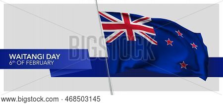 New Zealand Waitangi Day Vector Banner, Greeting Card. New Zealandian Wavy Flag In 6th Of February N