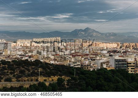 Alicante Ciyscape. Spain Landscape. Mountain Peak View. Panoramic Cityscape Costa Blanca City. Landm