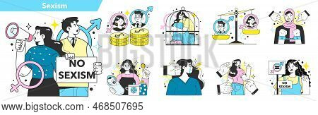 Gender Inequality Set. Women Social Imparity Problem. Bias And Sexism
