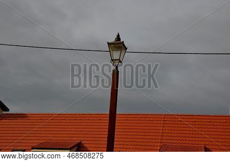 Historicizing Style Of Lamp That Is Not Gas But Led Lights. Lantern Frame Without Glass Filling. His