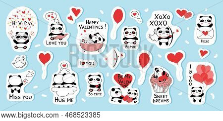 Baby Panda Stickers For Valentines Day Vector Illustration