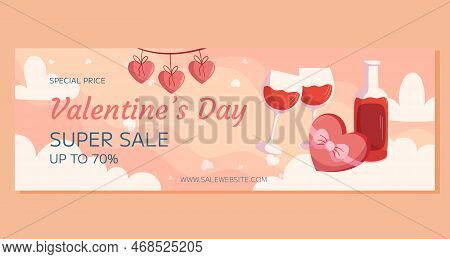 St. Valentines Day Horizontal Super Sale Banner Template Design. Bottle And Two Glass Of Wine, Box W