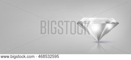 Vector Horizontal Banner With 3d Realistic White Transparent Triangular Glowing Gemstone, Diamond, C