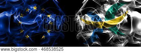 Flags Of Eu, European Union Vs Japan, Japanese, Hokuto, Hokkaido, Oshima, Subprefecture. Smoke Flag 