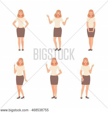 Full Length Of Young Woman Expressing Positive And Negative Emotions And Gesturing Set Cartoon Vecto