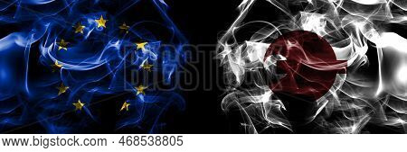 Flags Of Eu, European Union Vs Japan, Japanese, Nara Prefecture. Smoke Flag Placed Side By Side On B