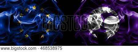 Flags Of Eu, European Union Vs Japan, Japanese, Samani, Hokkaido, Hidaka, Subprefecture. Smoke Flag 