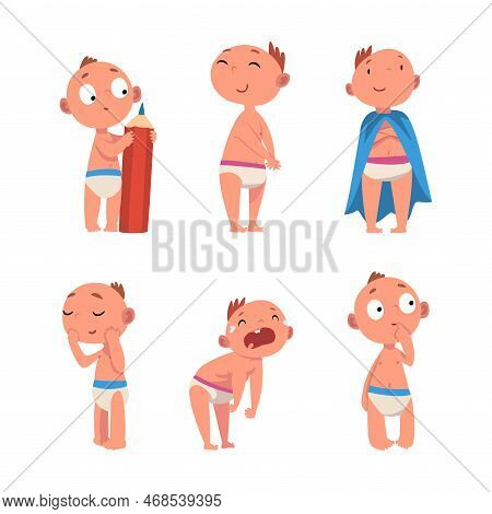 Cute Little Baby Ctivities Set. Active Baby Character With Defferent Emotions Cartoon Vector Illustr