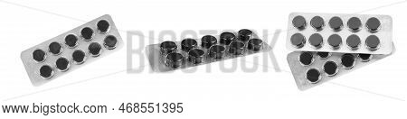 Set With Activated Charcoal Pills On White Background, Banner Design. Potent Sorbent