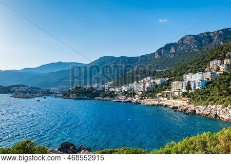 Kas Landscape And Sea View, A Popular Resort Town Near Antalya, Turkey. Kas Cityscpae And Landscape