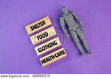 Miniature People With The Four Basic Human Material Needs. Food, Clothing, Shelter, Health Care Four