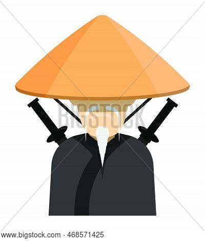 Japanese Samurai With Gray Beard And Mustache In National Straw Hat. Ancient Warrior In Traditional 