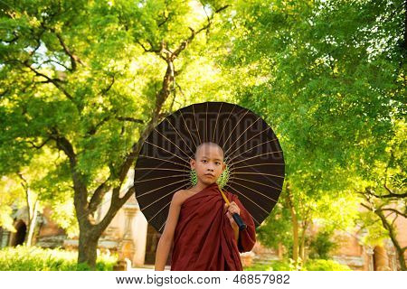 Monje budista de jóvenes caminando al aire libre bajo la sombra de un árbol verde con paraguas, fuera del monasterio, Mya